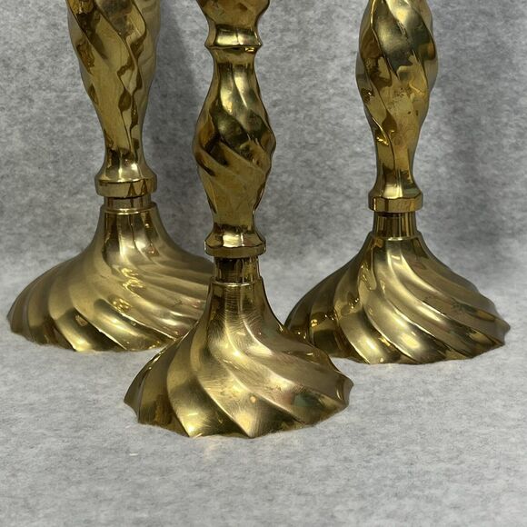 Vtg Solid Brass Spiral Swirl Twist Candlestick Holders Set of 3 Made In India - Picture 4 of 16